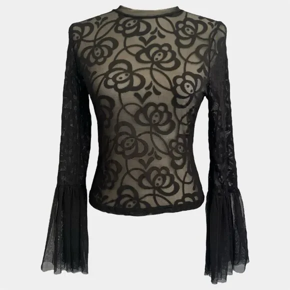 Haute Monde Whimsigoth Bell Sleeve Lace Top Size M Black Witchy Vamp Dark Fairy - Picture 10 of 10